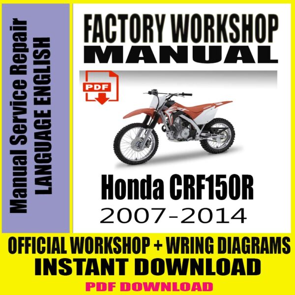 Honda CRF150R Workshop Manual (2007-2014) cover with detailed repair and maintenance instructions.