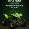 Kawasaki KFX 400 Workshop Manual (2003-2006) cover featuring technical repair and maintenance details.